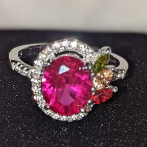 Sterling silver 4.75ctw diamond Ruby & multicolor stone ring. Size 6.5